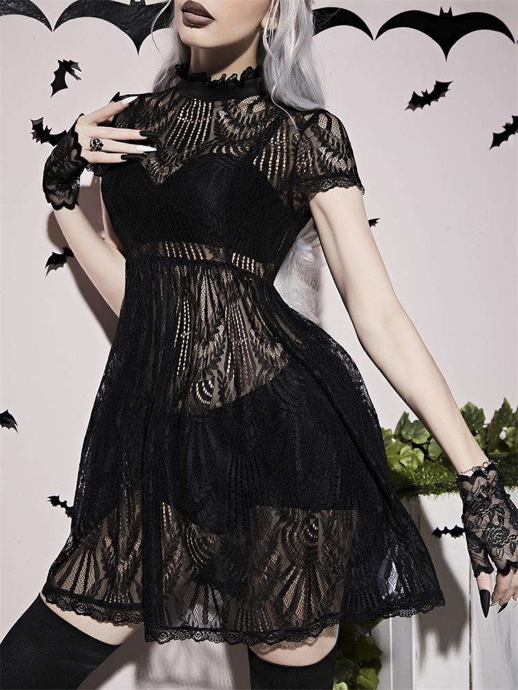 Gothic Mock Neck Lace Dress Halloween Costume Without Gloves