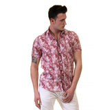 Chemises boutonnées à manches courtes pour hommes roses - Coupe ajustée en coton