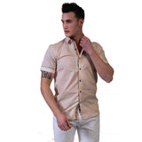 Chemises boutonnées à manches courtes pour hommes beiges - Coupe ajustée en coton