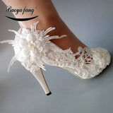 New White Lace flower shoes woman High heels
