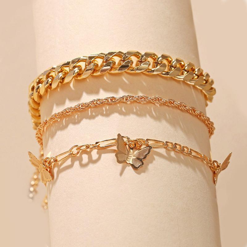 Chain and Butterfly Bracelet Set 18K Gold Plated Bracelet - 3 Piece