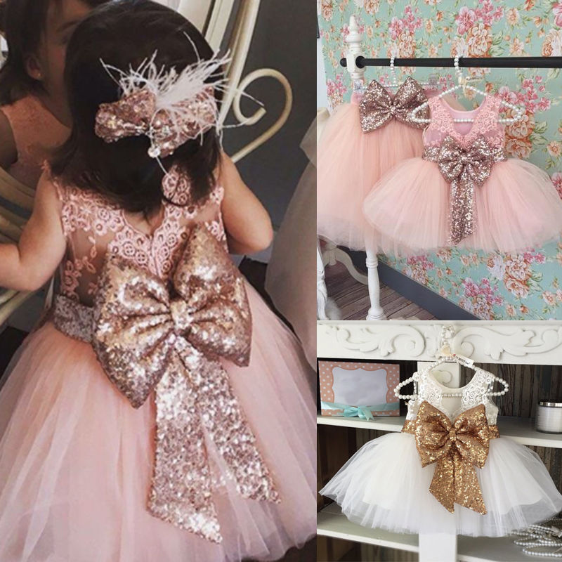 Kids Baby Girl Sequins Boknot Dress Cute Ball Gown