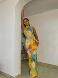 Kliou Aesthetic Colorful Tie Dry Maxi Dress Women Sleeveless