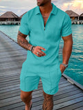 ZOGAA Men Tracksuit Casual Short Sleeve Zipper Polo Shirt&Shorts Set for Men
