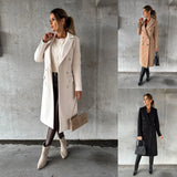 Women Long Sleeve Fashion Casual Trench Wool Coat Solid Color Autumn Winter High Waist Coat