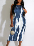 LW Round Neck Sleeveless Dress Summer Blue and White Tie-Dye Printed Long Dress