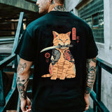 Cartoon Anime Samurai Cat Printed T Shirt