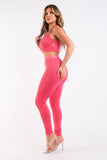 Mesh Contrast Sets Casual Sports Strappy Sleeve Top & Leggings FUCHSIA