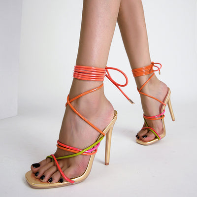 Multicolor Combination Strap Square Toe Stiletto High Heel Sandals
