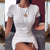 White Ruched Pleated Bodycon Dress Women Drawstring Short Sleeve Mini