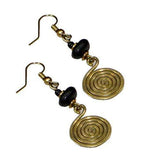 Spiral and coil  brass drop women  Earrings with a hoop and black bead