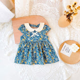 Baby Girls Floral Print Backless Design Doll-Neck Dress With Bow