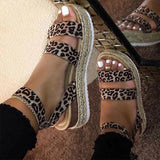 Femmes sandales léopard rétro chanvre plate-forme dames été compensées