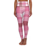 Womens Leggings, Pink And White Plaid Style High Waisted Fitness Pants